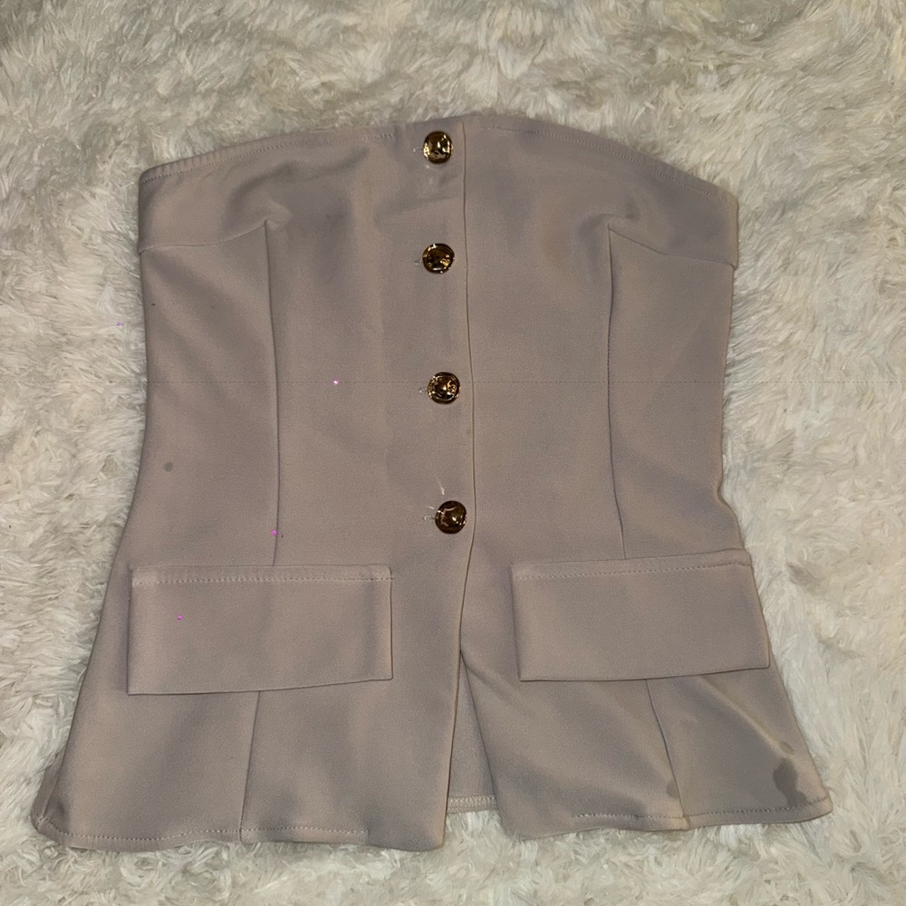 Beige Strapless Button-Up Top